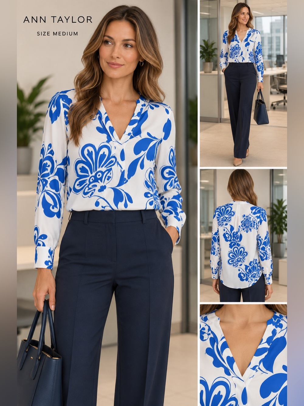 Ann Taylor Blue Floral V‑Neck Blouse M